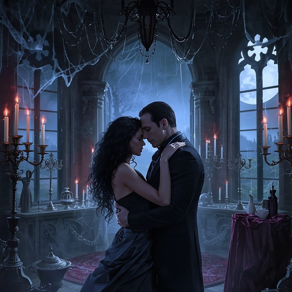 A couple embracing in a candlelit gothic hall beneath a full moon, cobwebs draped from the chandelier.
