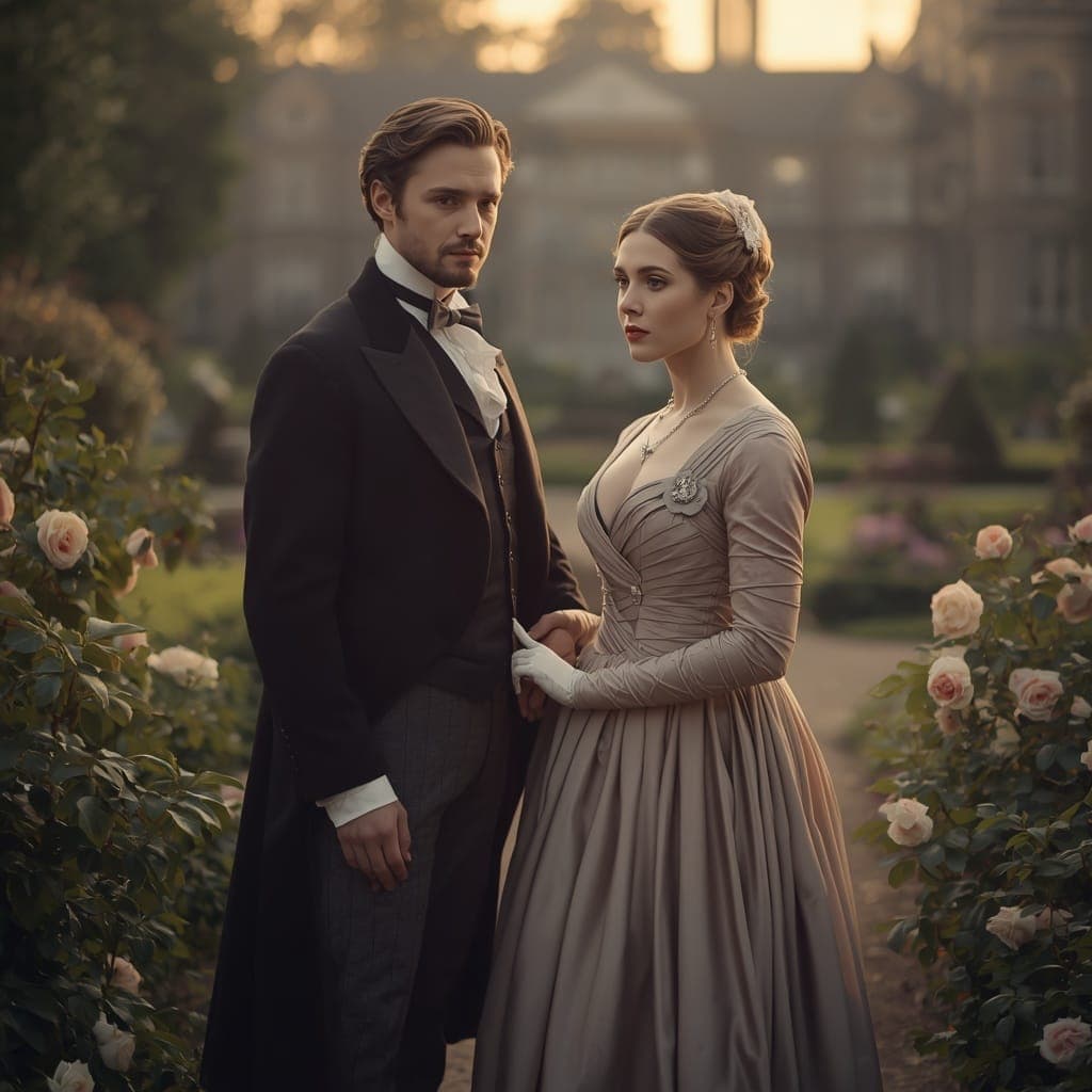 A Regency-era couple in formal dress standing among rose bushes before a grand estate at golden hour.