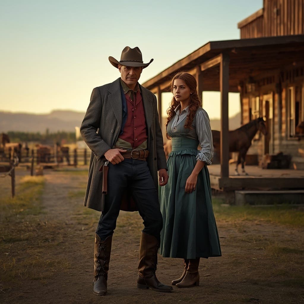 A cowboy in a wide-brimmed hat and a woman in frontier dress standing outside a ranch homestead at dusk.