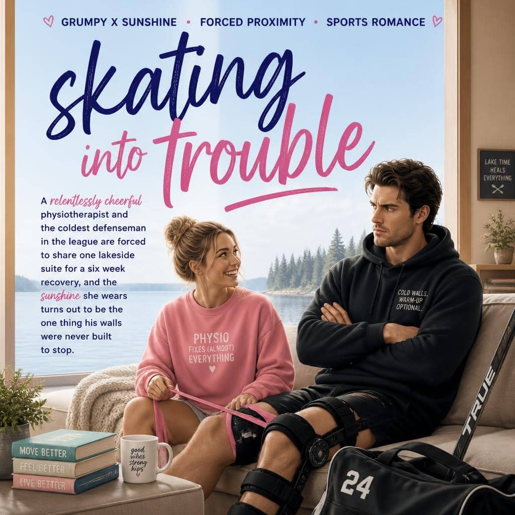 Cover for Skating Into Trouble: a smiling physiotherapist in a pink sweatshirt sits beside a scowling hockey player in a knee brace on a sofa, a bright lake and pines through the window behind them.
